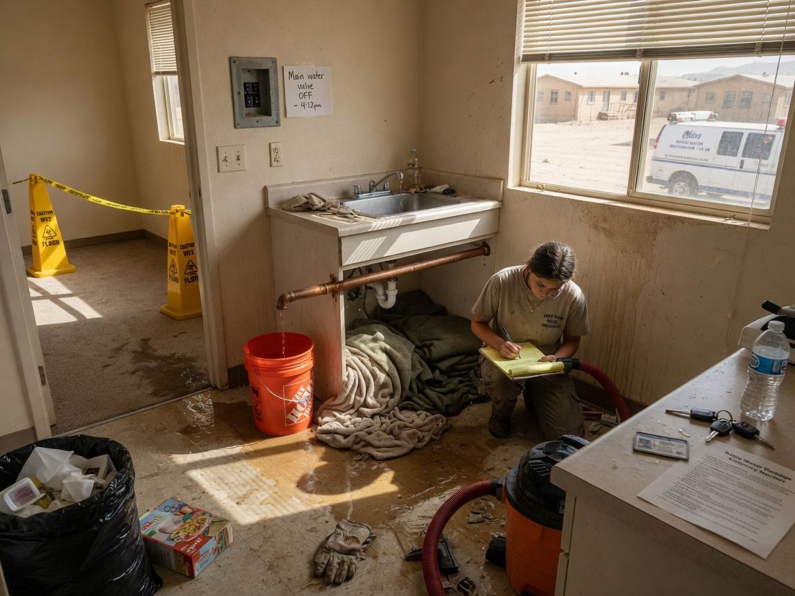 Water spreading across a floor from a burst pipe under a sink