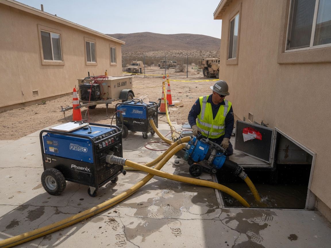 Water being extracted from a flooded room in a Tracy home