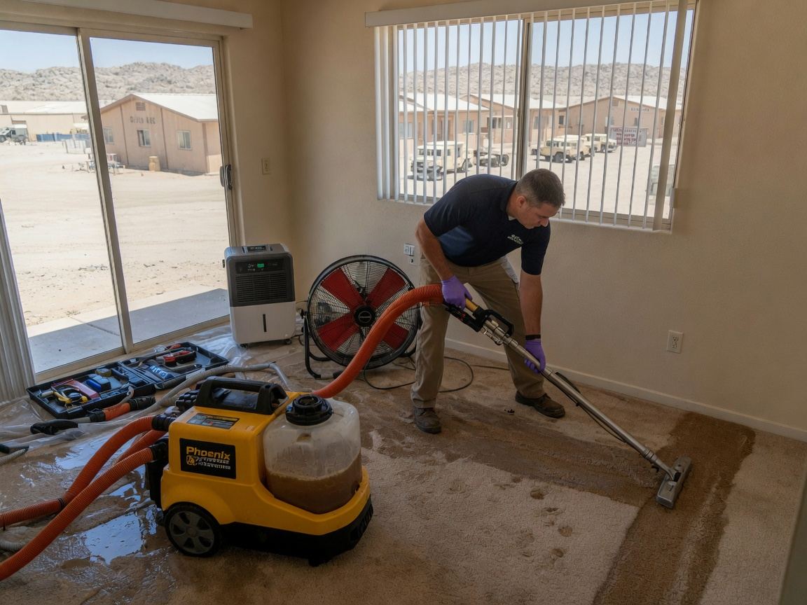 Pooled standing water being pumped out of a ground-floor room
