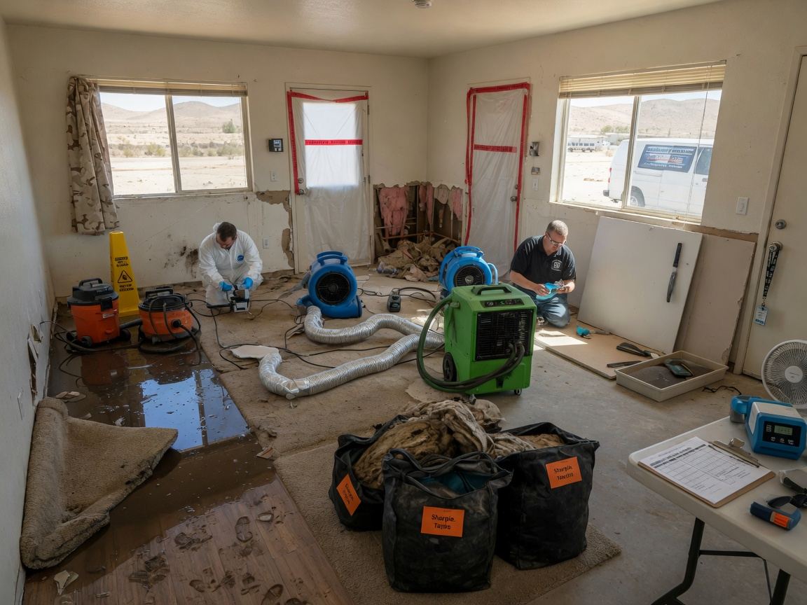 Air movers and a dehumidifier running in a room being dried out