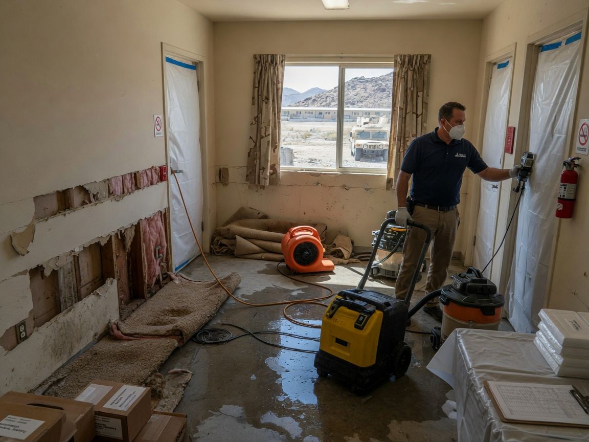 Standing water pooled across a basement floor beside saturated drywall